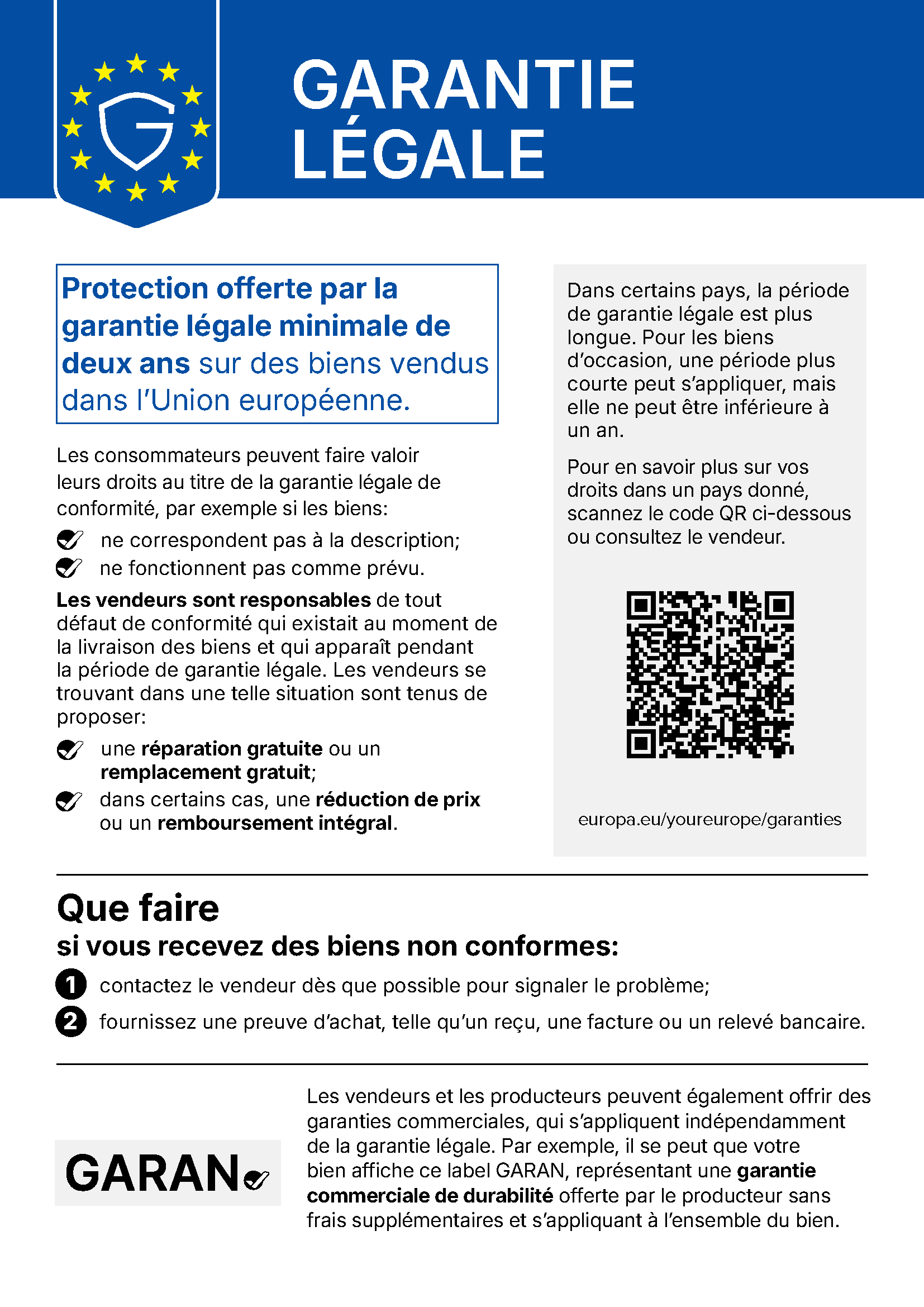 Informations sur la garantie légale
