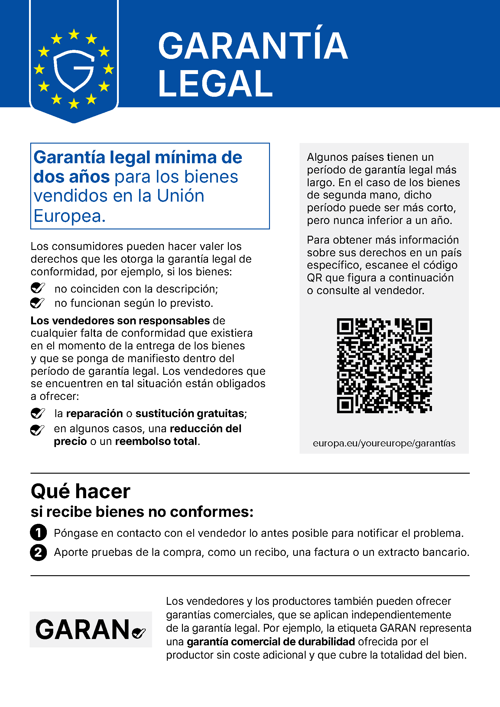 Información sobre la garantía legal